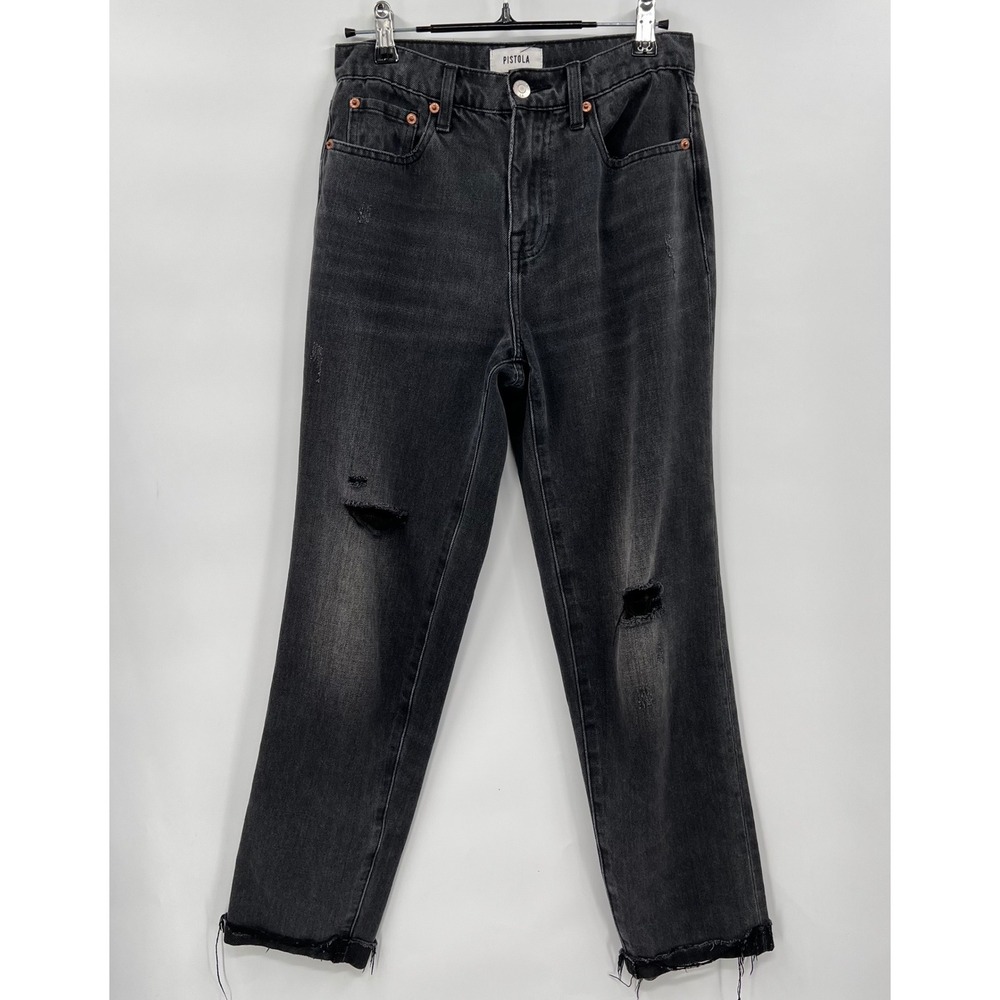 Pistola Woman's Straight Leg Jeans Black Distressed Raw Hem High Rise 25